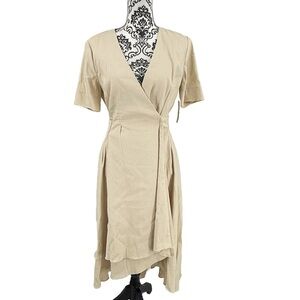 Crémieux Beige Wrap Midi Dress Linen Blend Minimalist Quiet Luxury Coastal Chic